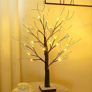 Christmas Snowy Twig Tree Mini Birch Twig Tree Ornament with Pre Lit 24 Warm White LEDs Battery Operated Tabletop Decoration for Christmas Home Party Wedding (60cm/2ft)