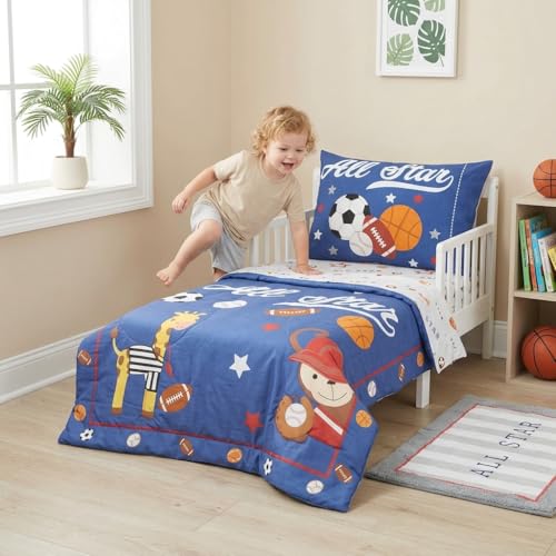 Image of EVERYDAY KIDS 4 Piece Toddler Bedding Set - Jungle Sports - Soft 100% Cotton Percale - Includes Comforter, Flat Sheet, Fitted Sheet and Reversible Pillowcase