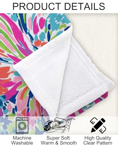 Image of Tropical Floral Throw Blanket - Soft Flannel Fleece Blanket 50x60 Inch - Bright Pink Green Blue Lightweight Cozy Blanket for Couch, Bed, Sofa, or Dorm Room Decor