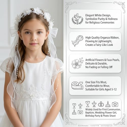 Haarschmuck Kommunion Mädchen,Haarkranz Kommunion Haarschmuck für Mädchen,Stirnband Erstkommunion Prinzessin Blumen Haarreif Blumenmädchen Kopfschmuck Haarband mit Blüten Perlen für Hochzeit(Weiß)