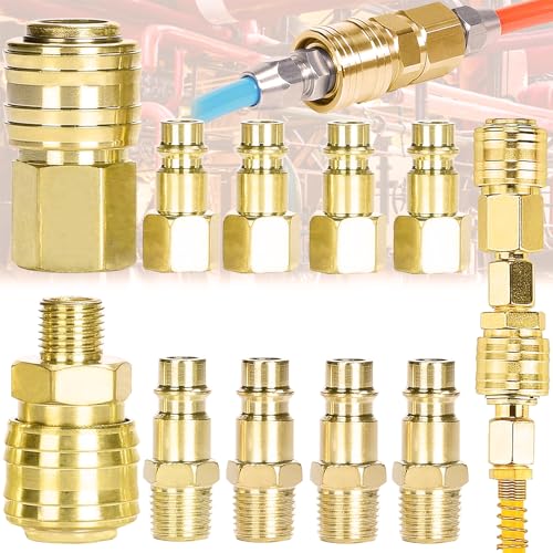 Begpoee 10 Piezas Conector Aire Manguera Compresor, Acoplador 1/4' BSP/NPT, Euro Acoplamiento Rápido, Conector Neumático (Oro)
