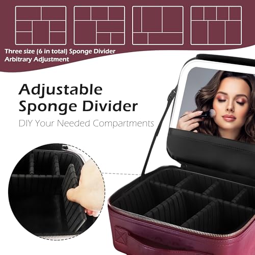 Image of MOMIRA Travel Makeup Bag Cosmetic Bag Makeup Organizer Bag with Lighted Mirror, Adjustable Brightness in 3 Color Scenarios, Waterproof Makeup Train Case, Gift for Women - Wine Red(Woven)
