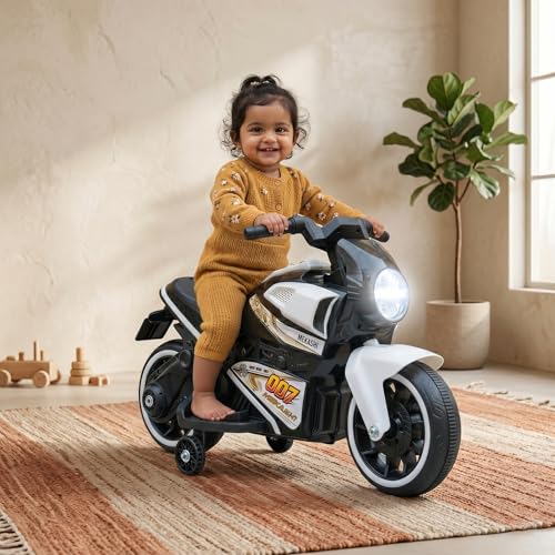 Image of MEKASHI 6V Electric Ride-On Bike for Kids with Bluetooth Music (White) | Realistic styling with LED headlight, rechargeable battery & smooth ride performance for toddlers aged 1-4 years