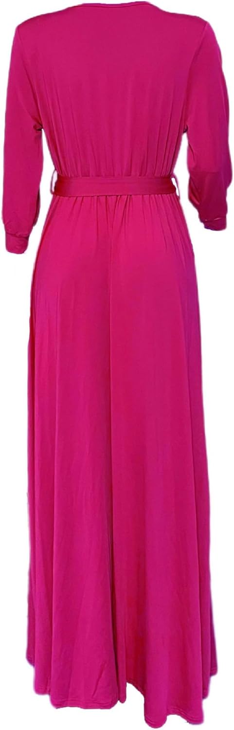 Sexyshine Women's Deep V Neck Long Sleeve Wrapped Maxi Dress High Waist Pleated Belted Party Cocktail Long Dress - Image 6