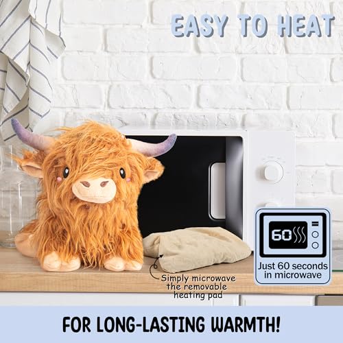 Image of Happy Fuel Highland Cow Microwavable 1.5lbs Unscented Heating Pad for Women & Kids- Cute Soft Cozy Pillow Plush Heatable Warm Stuffed Animals- Kawaii Hot & Cold Plushie Toy- Cow Gifts for Girls & Boys