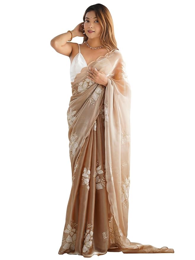 Embroidered Jimmy Choo Saree for Women with Satin Silk Unstitched Blouse Piece | Designer Traditional Saree-picture-42