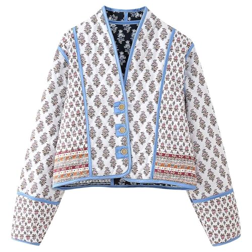 Wyeysyt Women's Cropped Quilted Puffer Jacket Cardigan Floral Printed Button Up Long Sleeve Padded Quilted Short Puffer Coats
