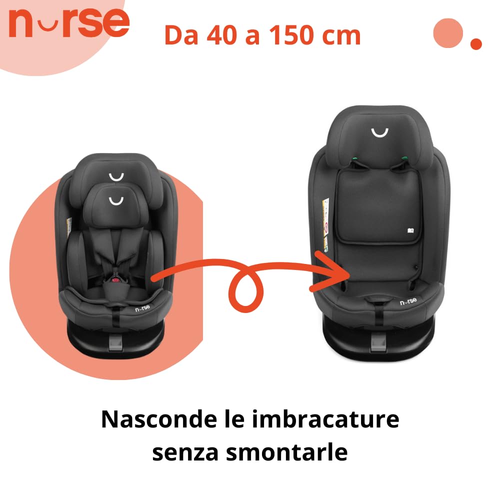 Nurse Scala Silla de Coche i-Size 40–150 cm, Giratoria 360º, ISOFIX con Top Tether, A Contramarcha y A Favor de la Marcha, Protección Lateral, Negro
