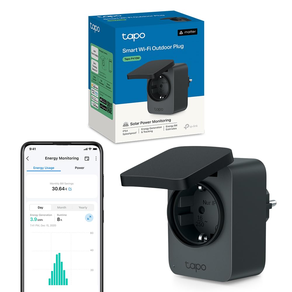 Tapo Prise Connectée Extérieure WiFi Matter, Prise Programmable Extérieure 16A IP54 Étanche, Suivi Consommation Énergie, Commande Vocale/à Distance, Compatible Home Kit, Alexa, Google Home Tapo P410M