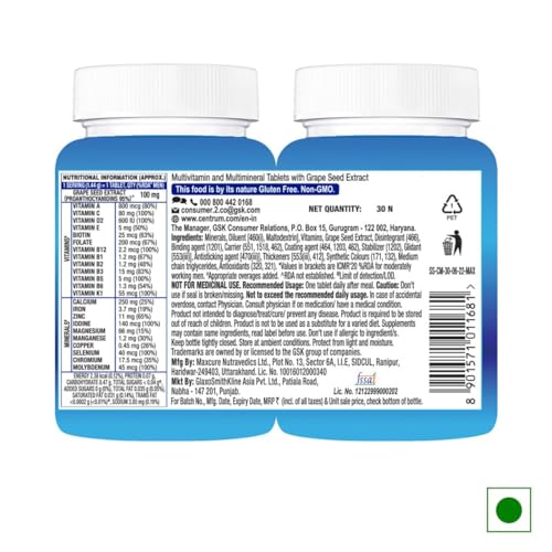 Image of Centrum Men Tablet, World's No.1 Multivitamin with Grape seed extract, Vitamin C & 21 other nutrients for Overall Health, Strong Muscles & Immunity (Veg) 30s (Pack of 2)
