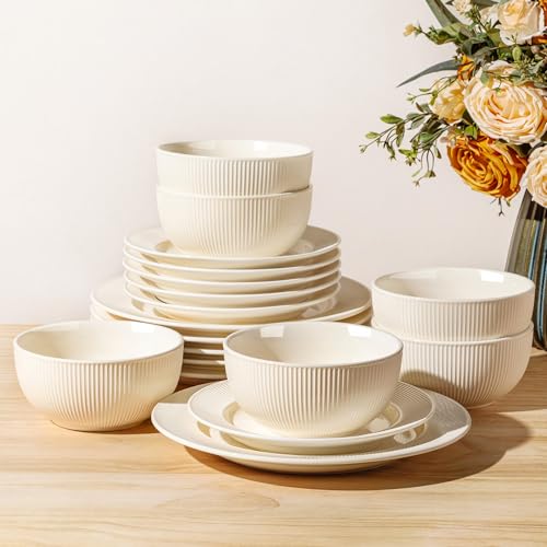 Image of TheTerra Ceramic Dinnerware Sets for 6, 18 Pieces Porcelain Lightweight Plates and Bowls Sets, Scratch Resistant Dish Set, Oven, Microwave & Dishwasher Safe, Ivory