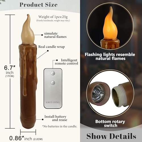 Image of Decor Real Wax LED Flameless Fall Short Taper Candles with Remote, 6.7 Inches Brown Candlesticks, Dripless Battery Operated Flame Rustic Primitive Flameless Lights Decor, Pack of 4