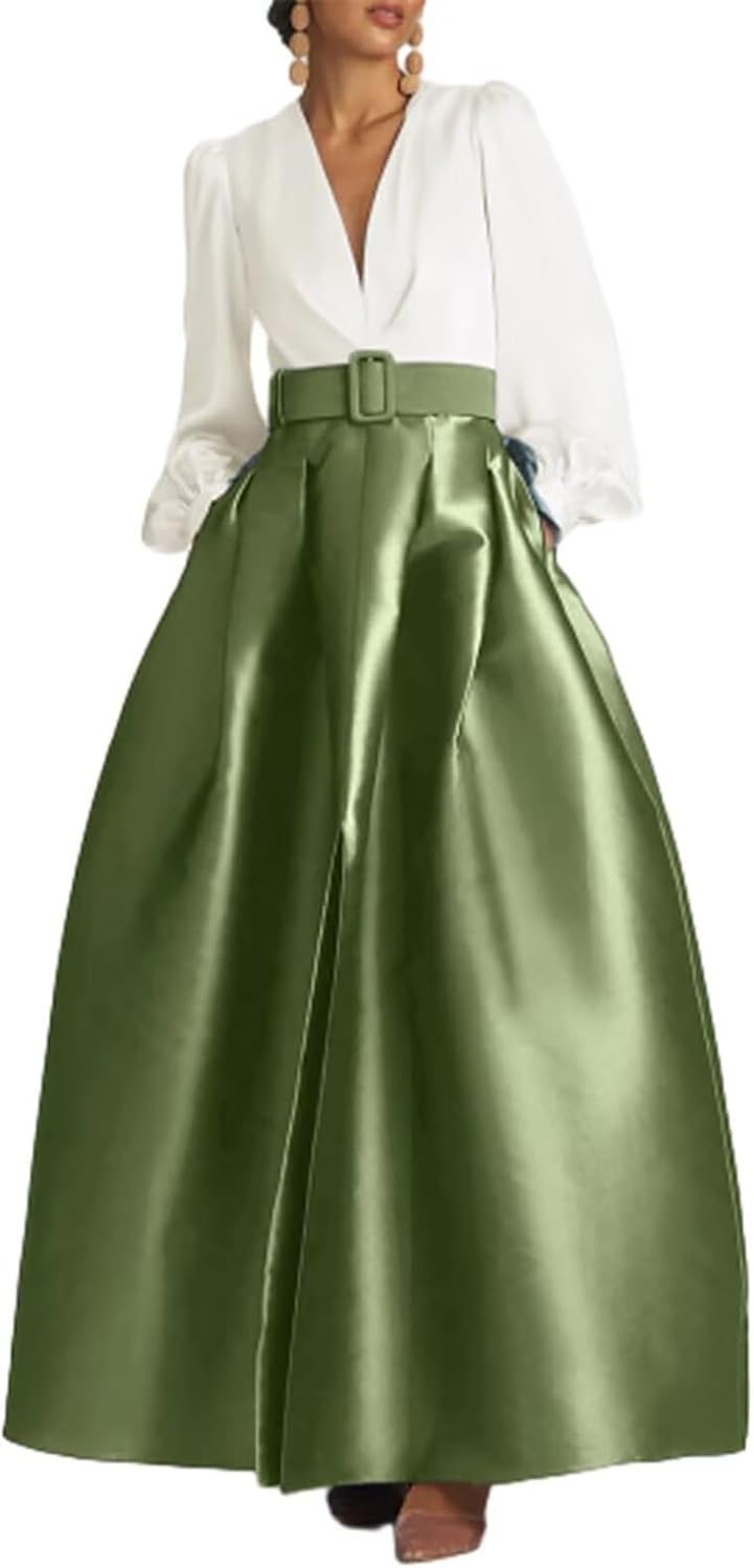 Satin Long Sleeve Prom Dresses for Women Elegant Evening Gown A Line Wedding Guest Dress with Pocket