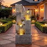 Autodaya 32.5" Modern Outdoor Water Fountain with LED Lights, 5-Tier Stacked Blocks Garden Fountain Cascading Waterfall Feature for Relaxing Garden, Patio, Backyard, Deck, Porch or Home Décor
