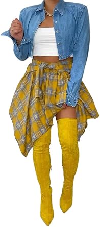 cu4eve Irregular Hem Plaid Skirts for Women Casual Asymmetrical Pleated Elastic Midi Short Skirt