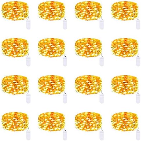 Cooo 16 Pack Led Fairy Lights Battery Operated String Lights Waterproof Silver Wire,7.2Ft 20 Mini LED Firefly Starry Fairy String Christmas Lights Rice Light for Wedding Bedroom Party Decor-Warm White