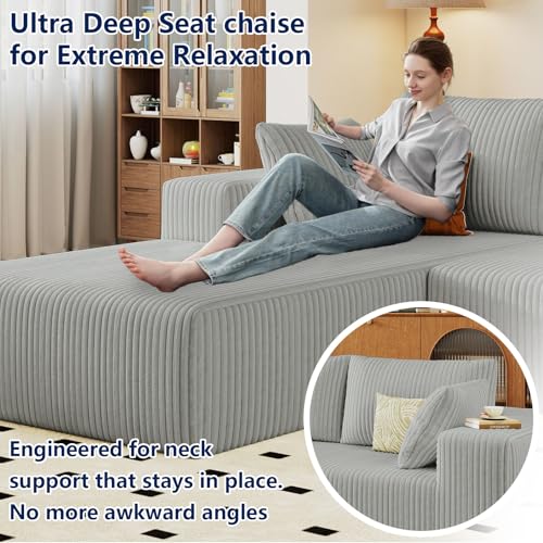 Image of 96 inch Modular Sectional Sofa, Modern Corduroy Cloud Couch with Deep Seat, Boneless Couch Upholstered 3-Seater L-Shaped Sofa for Living Room, No Assembly Required (Light Grey, Left-Facing Chaise)