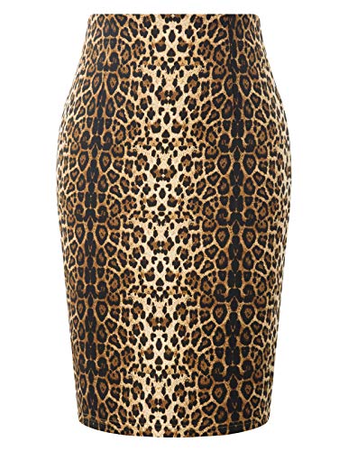 Kate Kasin Womens Knee Length Elastic Waist Stretchy Bodycon Business Pencil Skirt Leopard Print Brown