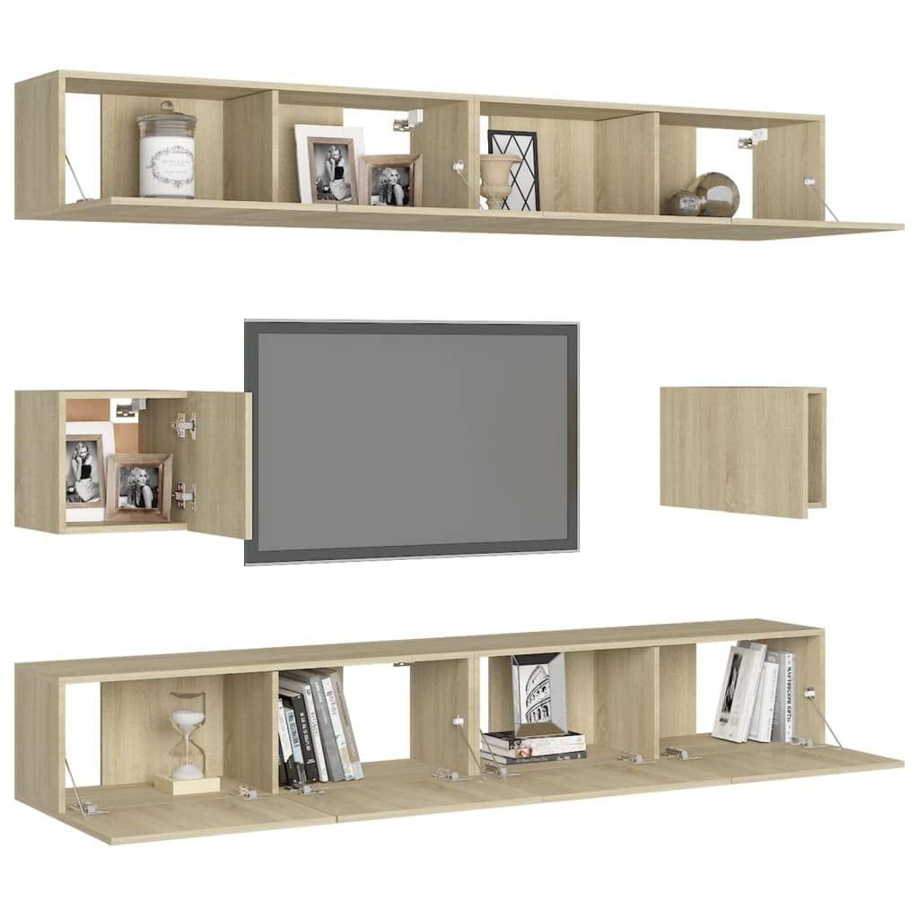 6-TLG. TV-Schrank-Set Sonoma-Eiche, Holzwerkstoff, Hängend, Modernes Media-Center für Wohnzimmer und Schlafzimmer, 100x30x30 cm