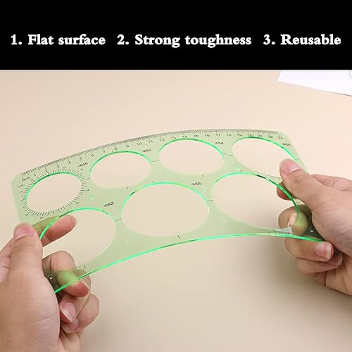 Vista 20 de LOKUNN Plantilla circular para dibujar, herramienta de relleno de regla rosa, herramienta de regla de agujero redondo, reglas geométricas redondas