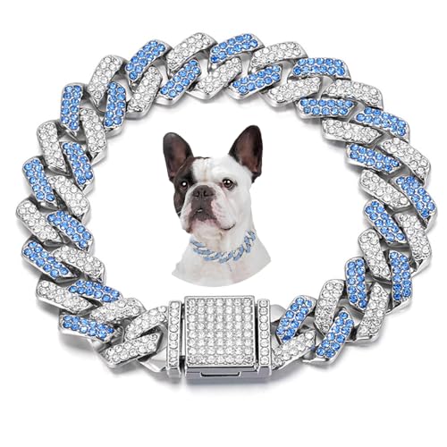 Image of Blue Necklace for Dogs, Bling Diamond Cuban Link Dog Collars Glitter Chain Rhinestone Puppy Collar for for Small Medium Large Pet Dogs Cats 18in