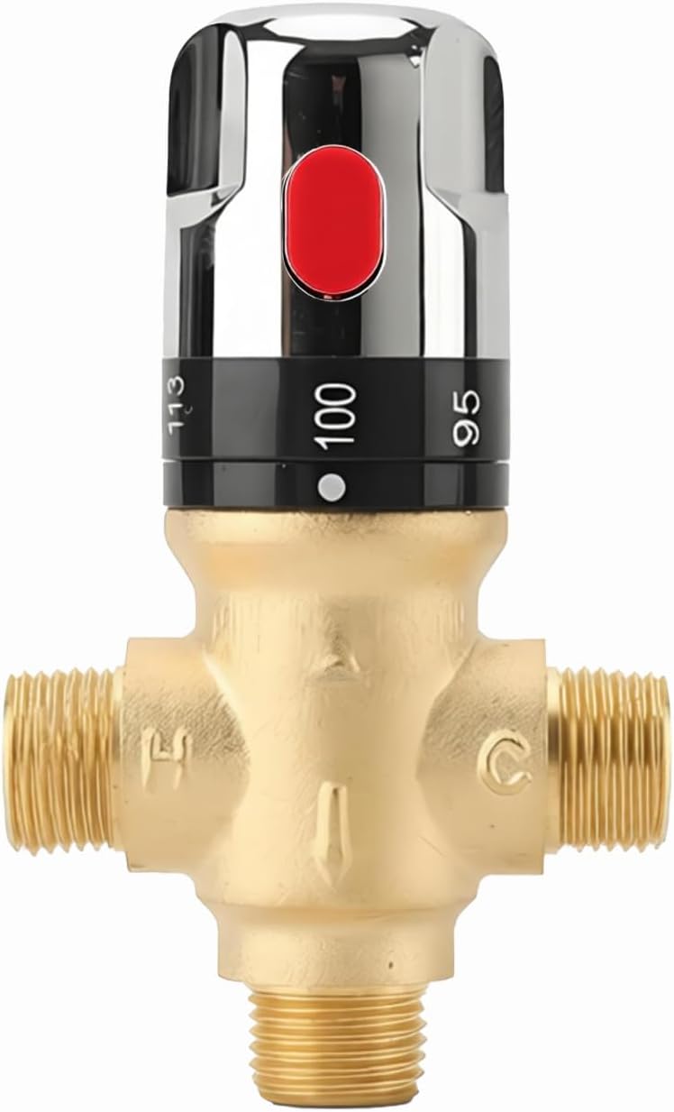 TreMax Thermostatic Mixing Valve, Shower Mixing Valve with NPT Thread US Standard, Temperature Constant Control Valve, Fahrenheit Scale Mark, Solid Brass- Golden