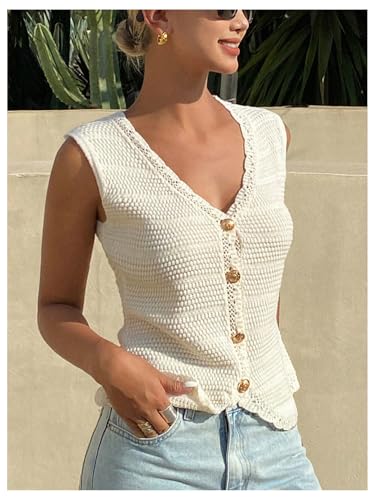 GORGLITTER Women's Sleeveless V Neck Sweater Vest Cropped Button Down Crochet Casual Knit Going Out Tops3