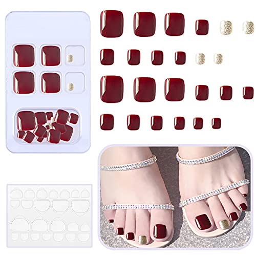 24 Pcs Fake Toenails Glitter Full Cover sparkling Toe Nail Foot Art Medium FALSE Gel Toes Nails Tips Sets for Women Teens Girls (Dark Burgundy Red & Gold)