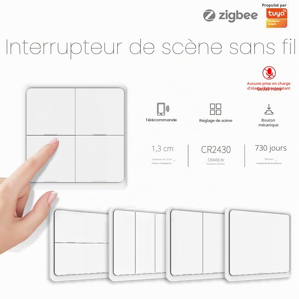 MOES 4 Gang ZigBee Wireless 12 Scene Button Switch Smart Home Automation Scene Switch, utilisé pour les appareils intelligents Tuya, Besoin de Tuya ZigBee HUB, batterie gratuite, blanc