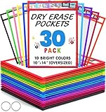 30 Packs Reusable Dry Erase Pocket Sleeves with 2 Binder Rings - 10 Color Set - 10x14 Oversized dry erase sheet protectors with Clear Pocket Sleeves - School Supplies for Teachers classroom must haves
