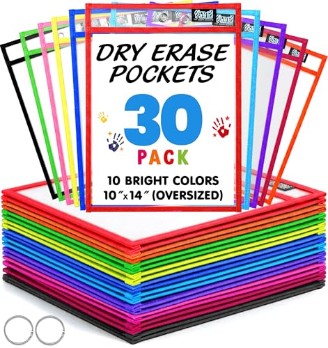 30 Packs Reusable Dry Erase Pocket Sleeves with 2 Binder Rings - 10 Color Set - 10x14 Oversized dry erase sheet protectors with Clear Pocket Sleeves - School Supplies for Teachers classroom must haves