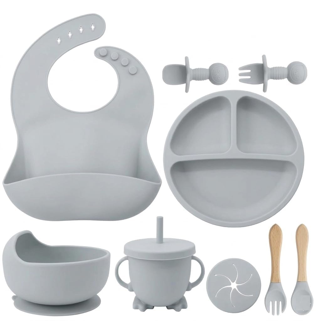 Silicone Baby Feeding Set 9PCS Grey – BPA Free Baby Led Weaning Tableware Set with Adjustable Bib, Suction Plate, Suction Bowl, Straw Training Cup, Spoon & Self Feeding Supplies-image-14