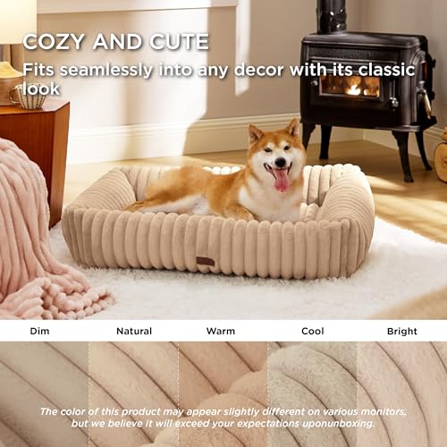 Image of Bedsure ComfyFleece Dog Beds Large Sized Dog Washable,40in Sandy Beige | Furry Big Rectangle XL Pet Beds,Cute Aesthetic,Orthopedic Corduroy Fleece,Removable Zipper Cover,Non-Slip Bottom,Up To 75 Lbs