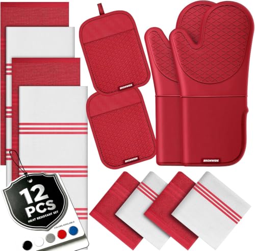 Silicone Oven Mitts and Pot Holders with Kitchen Towels and Dishcloths Sets, Baking Gloves Hot Pads 500°F Heat Resistant with Non-Slip Grip Surface, Mitts Set Includes 4 Kitchen Towels/4 Dish Towels - image 1