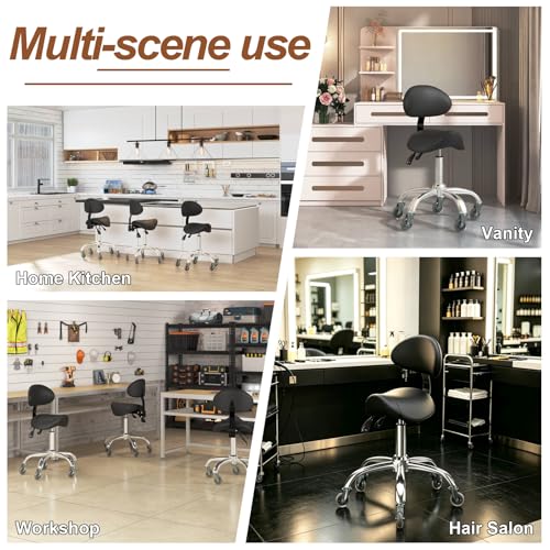 Image of Saddle Stool with Back Support, 350LBS Ergonomic Rolling Chair, Beige | 350 LBS Load, Height Adjustable, 360 Swivel Casters, Ergonomic Backrest, Multi-Use for Salon, Tattoo, Spa, Dentist