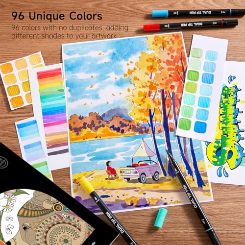 Image of Shuttle Art Dual Tip Brush Pens, 96 Colours Fine and Brush Tip Markers Set with Pen Holder & 1 Colouring Book, Felt Tip Colouring Pens for Adults and Children Colouring Calligraphy Journal Doodling