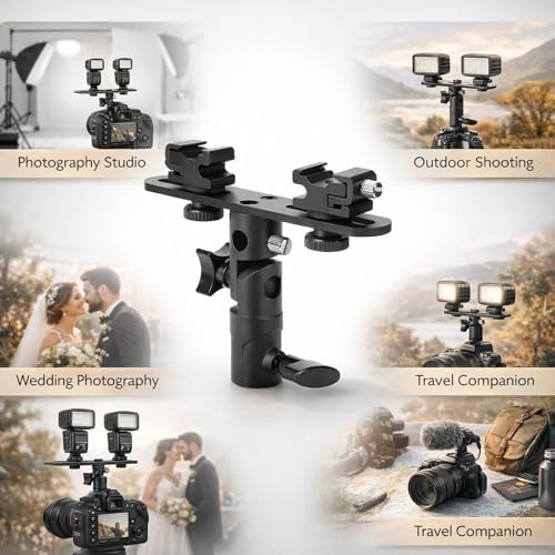 Image of Dual Hot Shoe Flash Bracket Mount Holder, Adjustable Metal Camera Video Accessory - Sturdy Durable Design, Umbrella Holder Jack, Photography Equipment