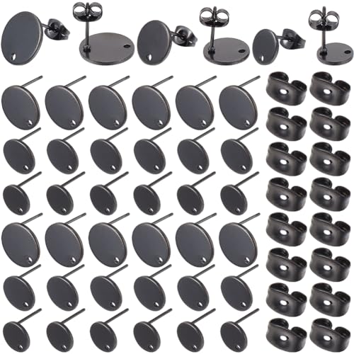 SOFPLATE 1 Box 36Pcs 3 Size Black Earring Posts Stainless Steel Stud Earring Findings Hypoallergenic Blank Earring Stud with Butterfly Ear Back and Loop Round Earring Posts for jewellery Making Suppli