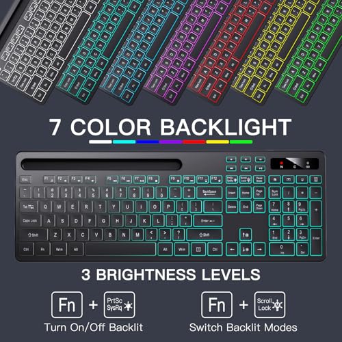 Image of Soueto Wireless Keyboard with 7-Color RGB Backlit, Full-Size Computer Keyboard with Phone Tablet Holder, 2.4G Rechargeable Gaming Keyboard with Light Up Keys, Compatible with Mac, Windows (Black)