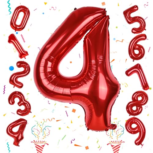 Image of Red Number Balloons, 40 Inch 0-9 Set Number Balloons for Women Men Birthday, Self Inflating Large Balloon with Foil for 4th Birthday Party Decorations Anniversary Party Decor Girls Boys Supplies