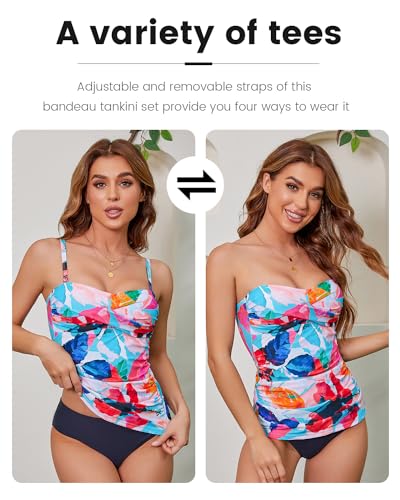 Image of Shuangyu Women's Twist Front Bandeau Tankini Set Two Pieces Ruched Tummy Control Suimsuit with Mid Waist Briefs