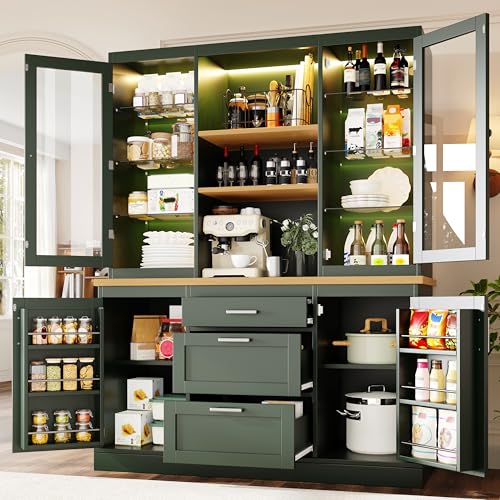 Ktipm Aparador Cocina Alto con LED y Compartimentos, Armario Cocina con 4 Puertas y 3 Cajones, Alacena de Cocina con Estantes Ajustables y Dispositivo Antivuelco, Mueble Auxiliar, 140x40x185 cm, Verde