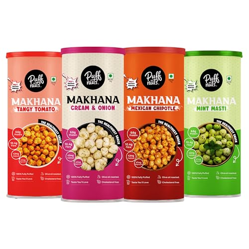 Image of Puffnuts COMBO Of 4 (308g) | Roasted and Flavoured Makhana | Healthy Snack | Namkeen | Puff Nuts | Gluten Free | Cholesterol Free | Protein Rich | Fiber Rich | With Calcium & Magnesium | Roasted in Olive Oil | Pack Of 4 x 77g (Mint Masti, Tangy Tomato, Mexican Chipotle, Cream & Onion)