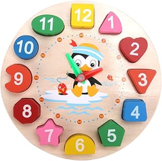 6.7x6.7 inch Wooden Shape Color Sorting Clock, Learning Time Activity Set, Montessori Toys for 3 Year Old, Number Blocks Puzzle, Penguin Patterns Wood Toys Learning Educational Gift for Toddler