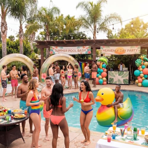 Hungdao 1 Pack 4 ft Giant Rainbow Inflatable Duck Pool Float, Large Rubber Duck for Pool Party, Beach, Lake, Summer Decorations, Birthday, Tropical Luau Party, Pride Celebration, Photo Prop by Hungdao - Used condition - Image 5