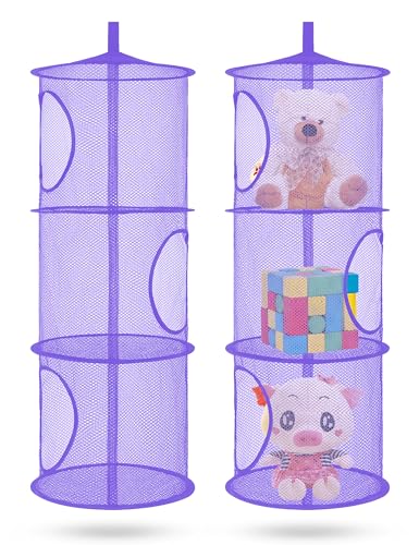 coastal rose 2Pcs Hanging Mesh Space Saver Bags Organizer, Foldable Storage Organizer 3 Compartments Toy Storage Organizer for Kid Room Toys, Gloves,Hats,Socks Storage, Purple