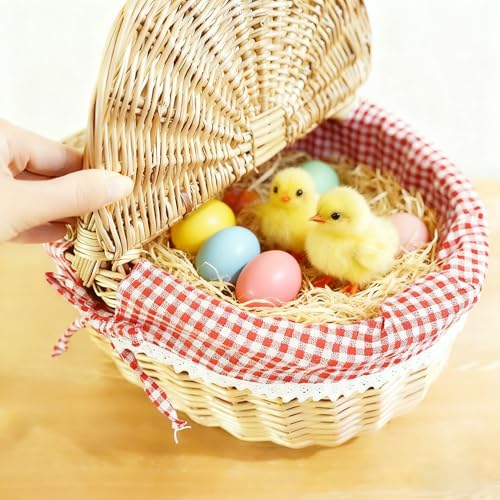 Cesta de Picnic de Mimbre Estilo Campestre con Tapa Ovalada y Forro Rojo, Asa Resistente y Forro Extraíble, Cesta de Almacenamiento para Picnic, Fiestas, Barbacoas y Camping DecoracióN del