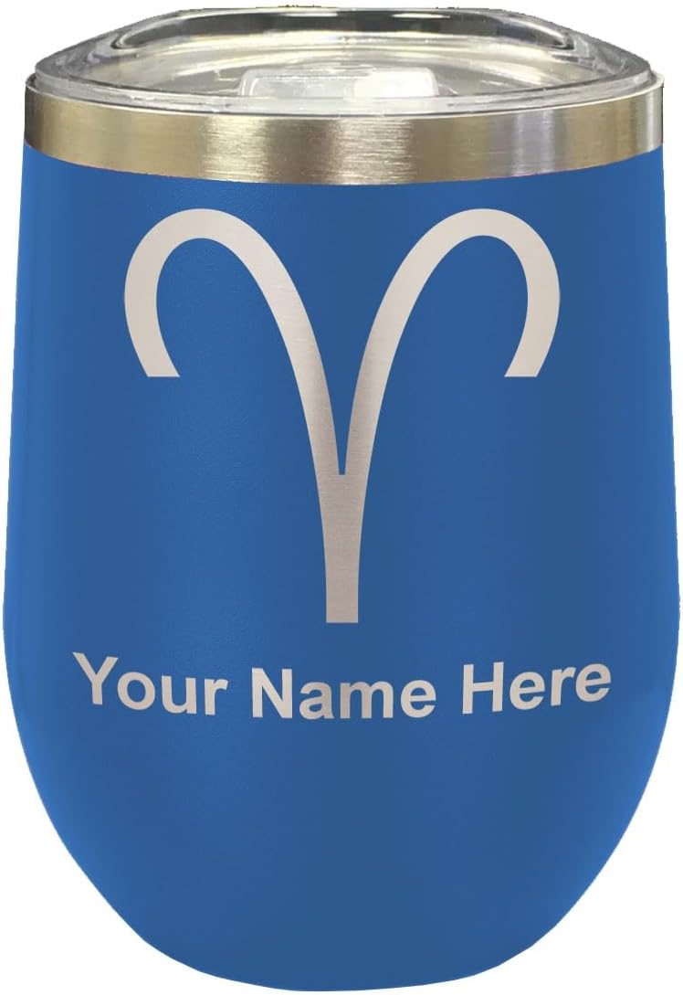LaserGram 16oz Double Wall Stainless Steel Wine Glass Tumbler, Zodiac Sign Aries, Personalized Engraving Included (Black)
