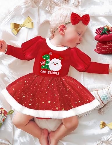 NAPU Baby Girl Christmas Outfit - Ruffle Long Sleeve My 1st Christmas Dress with Headband2