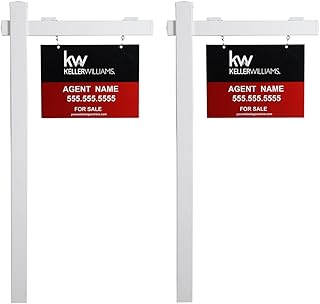 Vinyl PVC 6-Feet Real Estate Sign Post, Realtor Yard Sign Post for Open House and Home for Sale, 47" Arm Holds Up to 36" Sign, White with Flat Cap(No Sign), 2-PACK